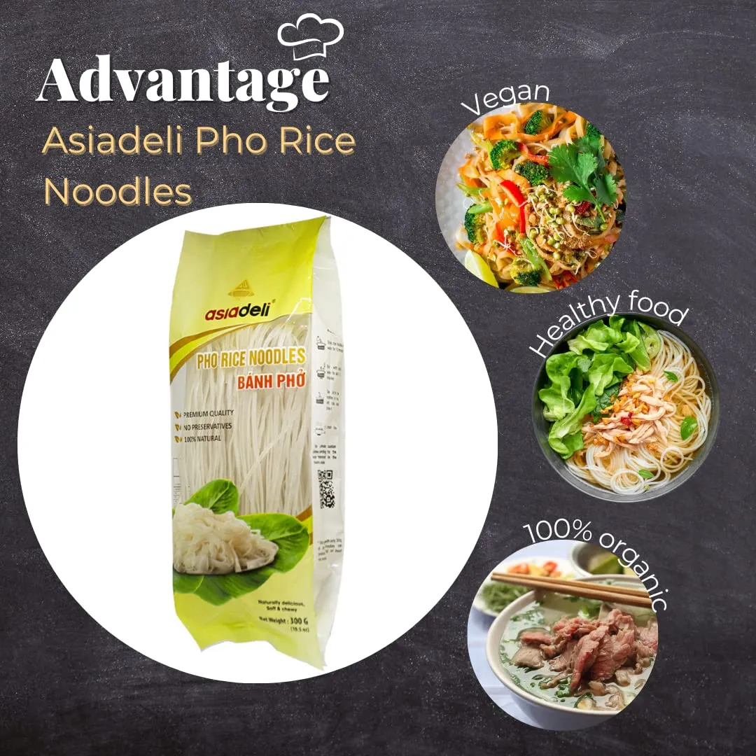 Asiadeli Pho Rice Noodles, Premium Rice Stick Noodles, Banh Pho Noodles - 10.5 oz. (Pack of 1 Bag)